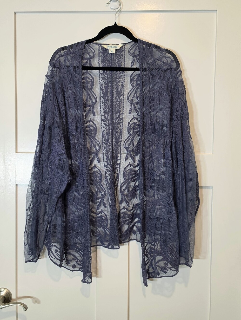Sundance Embroidered Lace Open-Front Kimono Cardigan Slate Blue Size Large